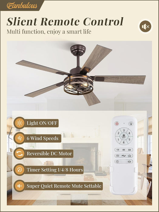 48" Farmhouse Ceiling Fans with Light & Remote, 6-Speed Caged