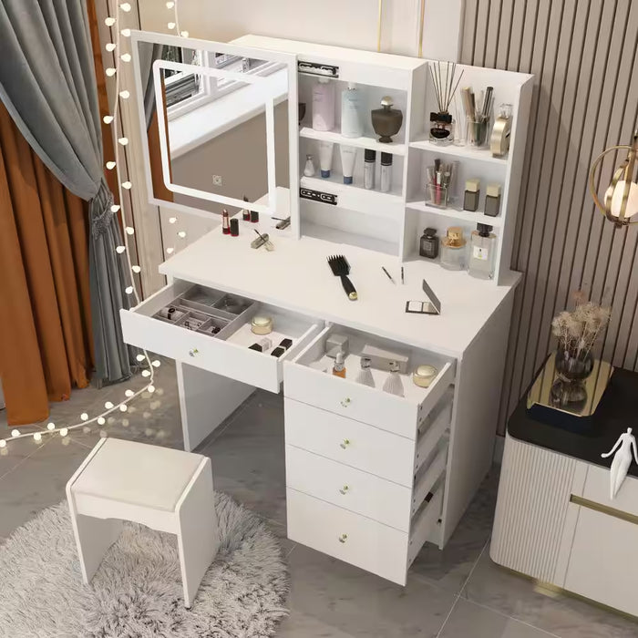 5-Drawers White Wood Makeup Vanity Sets Dressing Table Sets with LED Push-Pull Mirror, Stool and Storage Shelves