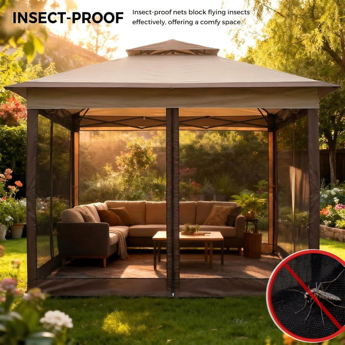 11X11 Pop up Gazebo Tent with Netting,Outdoor Canopy Shelter Easy Setup with Upgrade Wheeled Storage Bag,3 Height Positions& Water-Resistant for Family Patio & Garden Use (Khaki)