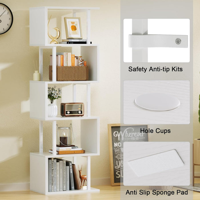 White Geometric Bookshelf 6 Tier S-Shaped Bookcase, Tall Modern Display Storage Shelf, Metal and Wood Decorative Freestanding Room Divider Shelves for Bedroom, Living Room, Office