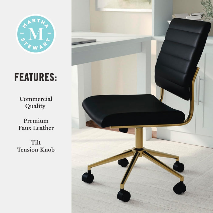 Ivy Armless Swivel Task Chair for Home Office in Black Faux Leather with Polished Brass Frame