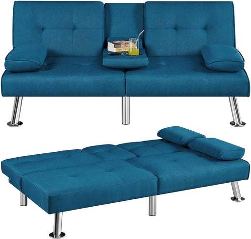 Convertible Sofa Bed Adjustable Fabric Couch Sleeper Modern Recliner Reversible Loveseat Folding Daybed Guest Bed, Removable Armrests, Cup Holders, 3 Angles, 772Lb Capacity, Aqua Blue