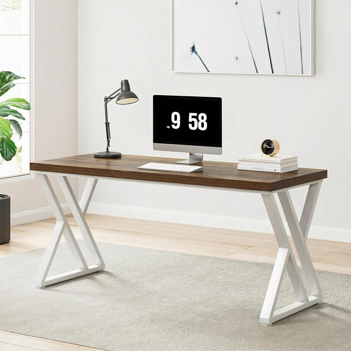 Modern Walnut/White 55" Heavy Duty Computer Desk, Study & Work Desk, 23.6"D X 55.1"W X 29.5"H, Z-Shaped Metal Legs, 330 Lbs Capacity