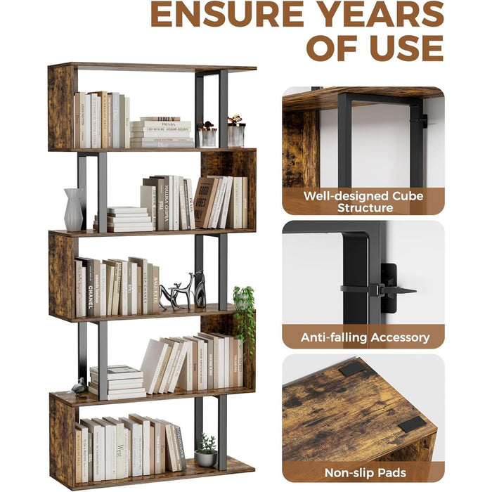 5-Tier Geometric Bookcase,S Shaped Bookshelf, Wood Decorative Storage Shelving, Modern Freestanding Display Shelves, Tall Book Shelf Unit for Living Room Bedroom, Rustic Brown