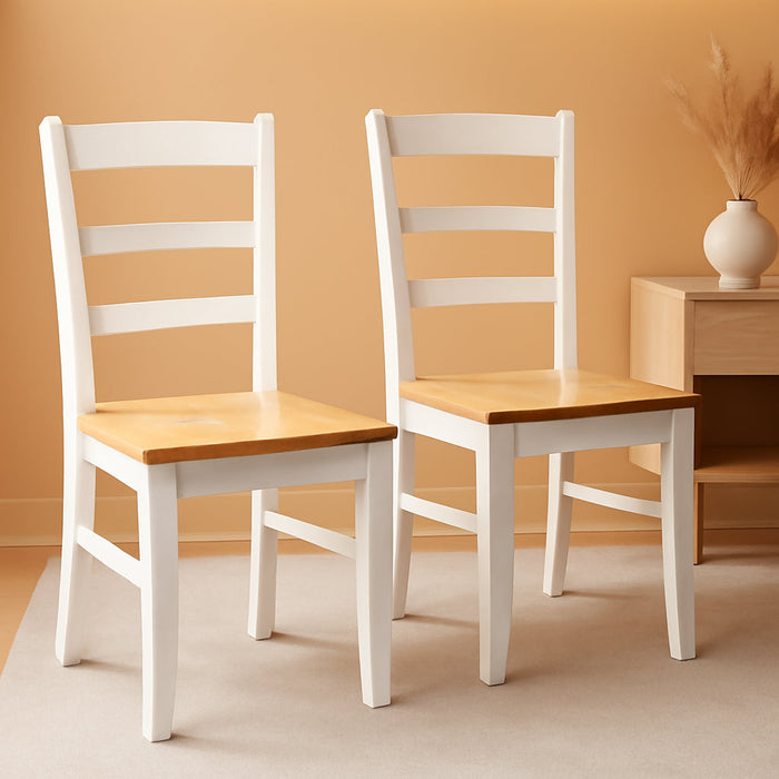 Madrid Ladderback, Set of 2 Dining Chairs , Solid Wood Kitchen/Dining Chairs, Parawood Construction, 18.1"W X 19.3"D X 35.2"H, 225 Lb Weight Capacity, Elegant, Durable, White/Natural