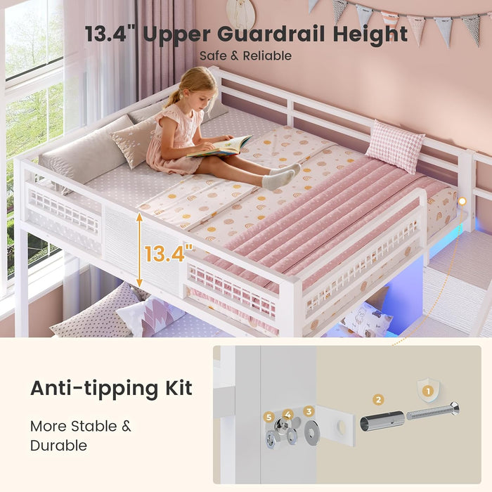 Bunk Bed Full over Full with Stairs, LED Lights Full Bunk Beds with 2 Storage Drawers & 6 Fabric Drawers, Metal Full Loft Beds with Safety Guardrail & Stairs, Space Saving, White