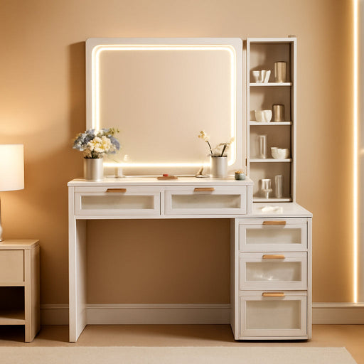 Fluted Makeup Vanity Desk with Mirror and Lights, 43.5'' Blue Vanity Table with Glass Top and Power Outlet, Make up Vanity with 6 Drawers and Adjustable Shelves for Bedroom