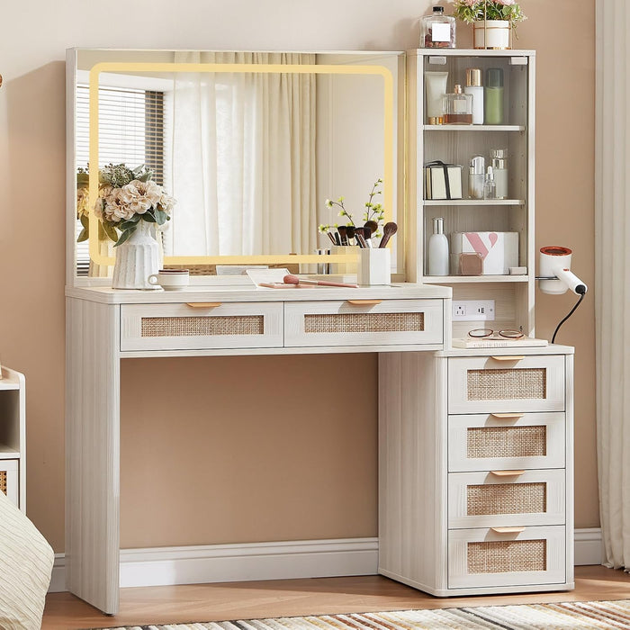 Fluted Makeup Vanity Desk with Mirror and Lights, 43.5'' Blue Vanity Table with Glass Top and Power Outlet, Make up Vanity with 6 Drawers and Adjustable Shelves for Bedroom
