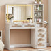 Fluted Makeup Vanity Desk with Mirror and Lights, 43.5'' Blue Vanity Table with Glass Top and Power Outlet, Make up Vanity with 6 Drawers and Adjustable Shelves for Bedroom