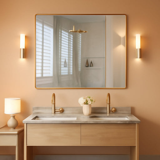 55"X30" Gold Landscape Bathroom Mirror for Double Vanity, Shatterproof Tempered Glass, Narrow Metal Frame, Ultra-Flush Wall-Mounted