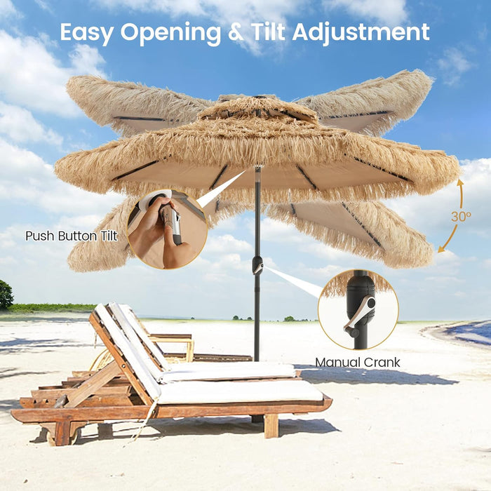 9 Ft Thatched Patio Umbrella, 2 Tier Hawaiian Style Grass Beach Umbrella with 32 Led Lights, Center Light, Solar Tiki Umbrella with 8 Ribs, Tilt Adjustment, Manual Crank for Backyard Pool