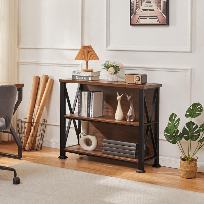 Hombazzar 3 Tier Bookshelf,35.4" Wide Short Bookshelf,Brown