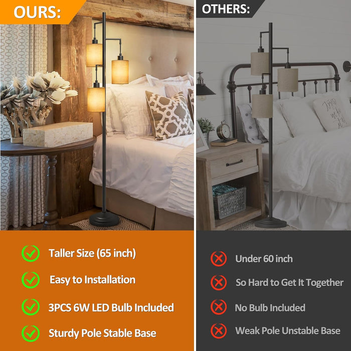3 Lights Boho Floor Lamps with On/Off Foot Switch Tree Standing Lamp with Hanging Lampshades Farmhouse Floor Lamp Tall Pole Lamp for Living Room Bedroom Office, 3 PCS 6W Bulbs Included