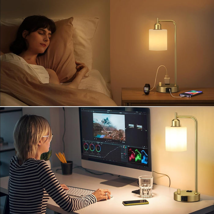 Industrial Table Lamps for Bedroom Set of 2 - Fully Dimmable Bedside Lamps with USB Ports and Outlet, Gold Nightstand Lamps with Opal Glass Shade for Living Room, Desk Lamps for Office Reading
