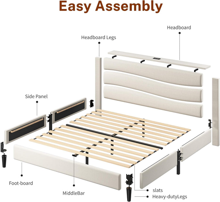 Queen Size Bed Frame, Upholstered Queen Bed Frame with Charging Stations, Storage Headboard Adjustable, Bedroom, Apartment, Dorm, Noise-Free, No Box Springs Needed, Beige