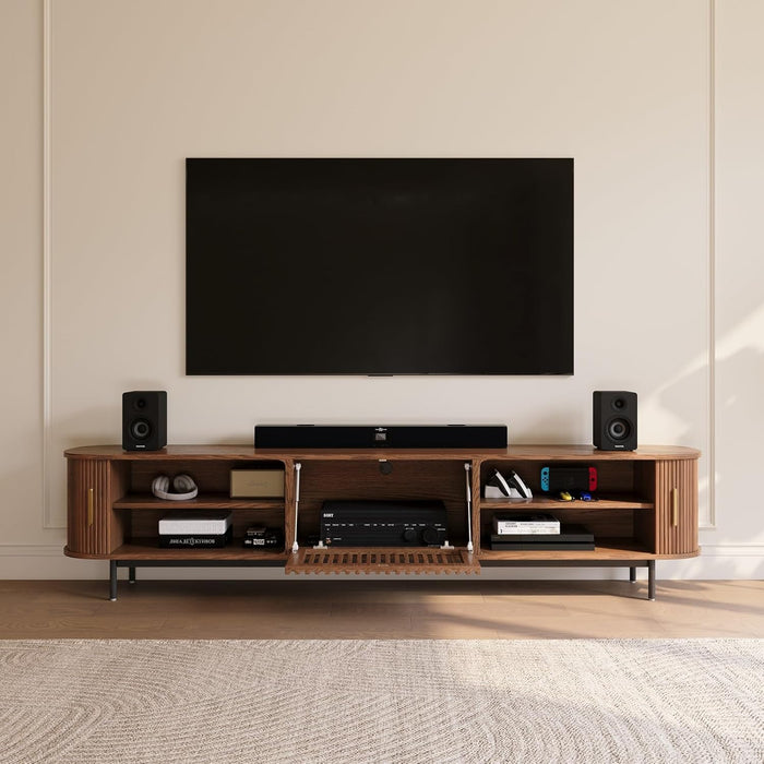 Fully-Assembled Mid Century Modern TV Stand for 75+ Inch TV, Sliding Door Entertainment Center with Storage, Wood TV Console, Media Console for Living Room Bedroom(Walnut, 94.49")