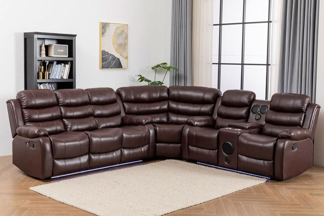 Faux Leather Living Room Set Modern Reclining Sectional Sofa with LED Light, USB Chargers, Sound System, 4Cup Holders, Hidden Storage, Brown