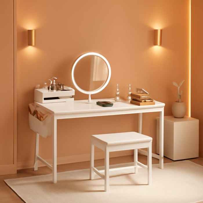 White Vanity Table with Lighted Mirror - 47“ White Vanity Desk with Mirror and Lights & Chair, Makeup Vanitys Set with Power Outlet, Dressing Table Vanities for Girls Bedroom