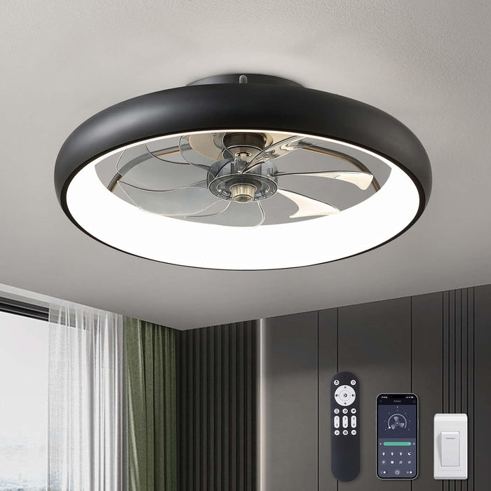 Ceiling Fans with Lights, 20" Flush Mount Ceiling Fan with Remote & APP Control, Black Low Profile Ceiling Fan with 6 Wind Speeds, Smart Dimmable LED Ceiling Fan for Bedroom, Living Room