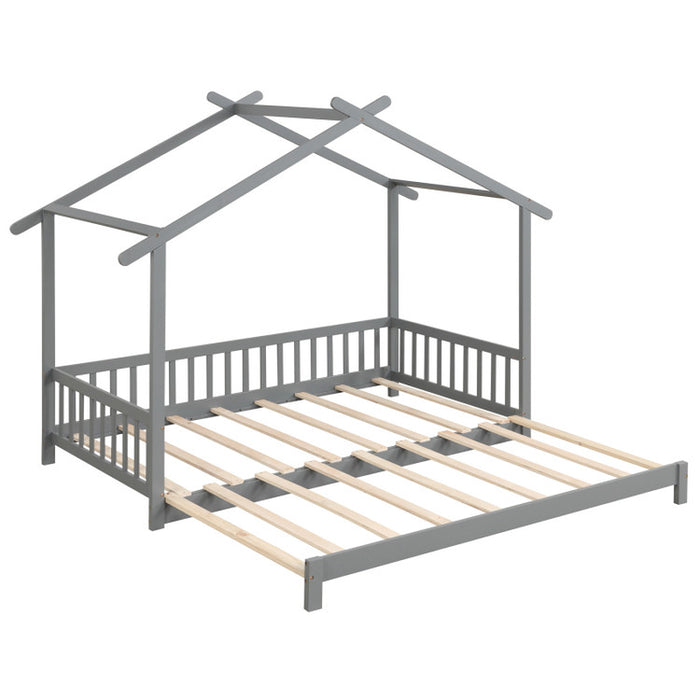 Extendable House Bed Twin to King Daybed with Roof and Fence Rails