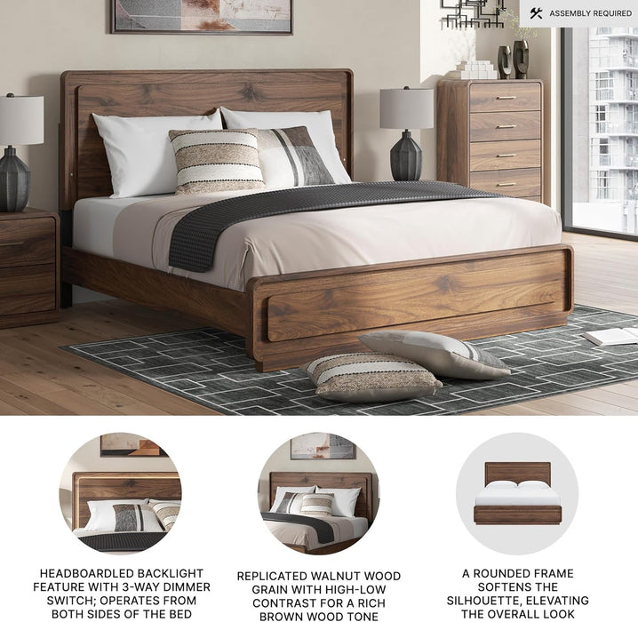Signature Design by Ashley Hollinaze Contemporary Panel Platform Bed with LED Lighting, Foundation or Box Spring Not Needed, King, Dark Brown