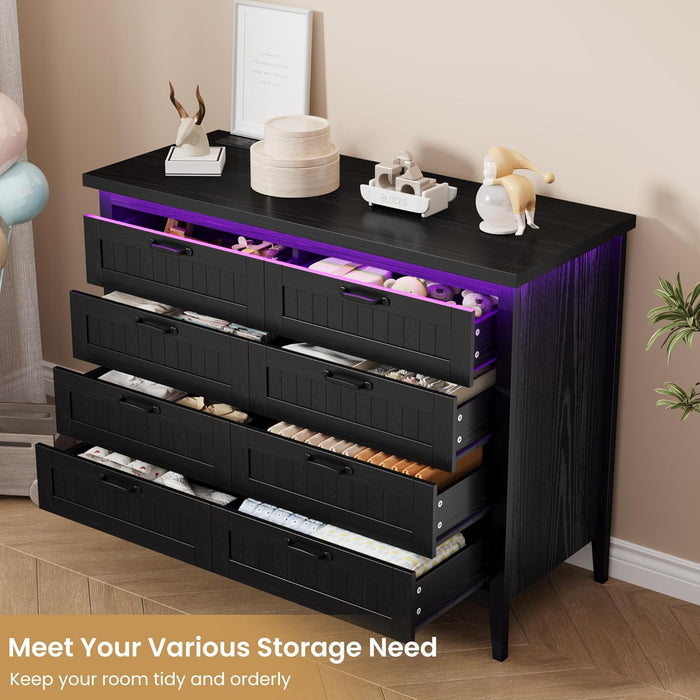 Black Dresser for Bedroom, 8 Drawer Dresser with LED Lights and Power Outlet, Closet Dressers Chests of Drawers, Double Wooden Dressers for Entryway, Hallway