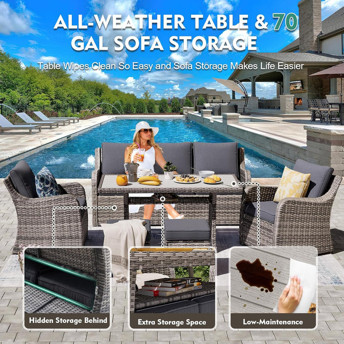 6 Pieces Outdoor Patio Furniture Set, Wicker Patio Conversation Set, Patio Sectional Furniture Set with 2 Single Chair and Sofa, 2 Ottomans and Dining Table (Grey)