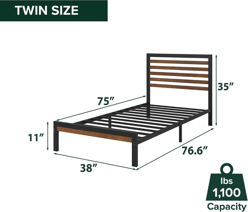 Kai Bamboo and Metal Platform Bed Frame, Sturdy Steel Frame, Twin