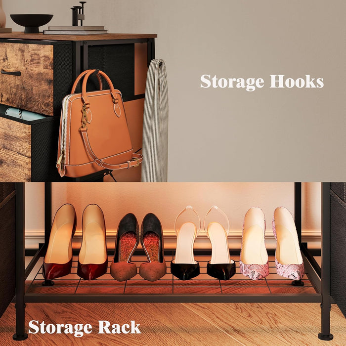 55W 2-In-1 Dresser with Hanging Rack, 10 Drawers Dresser for Bedroom,Dressers with Fabric Drawers,Led Lights, Charging Station and Hanging Racks for Bedroom (Rustic Brown)