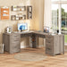 Farmhouse Home Office Desk with 6 Drawers, L Shaped Executive Desk with Power Outlets and Triangle Under-Desk Storage Shelf & Drawer File Cabinet, Corner Computer Desk, Grey