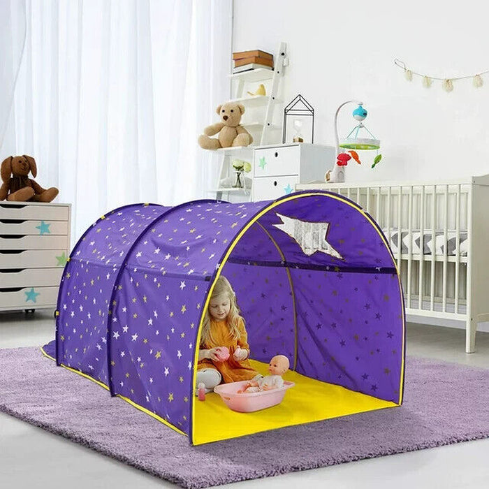 Pop up Bed Tent Twin Size Canopy Playhouse Privacy Stars Purple Kid Toddler Gift