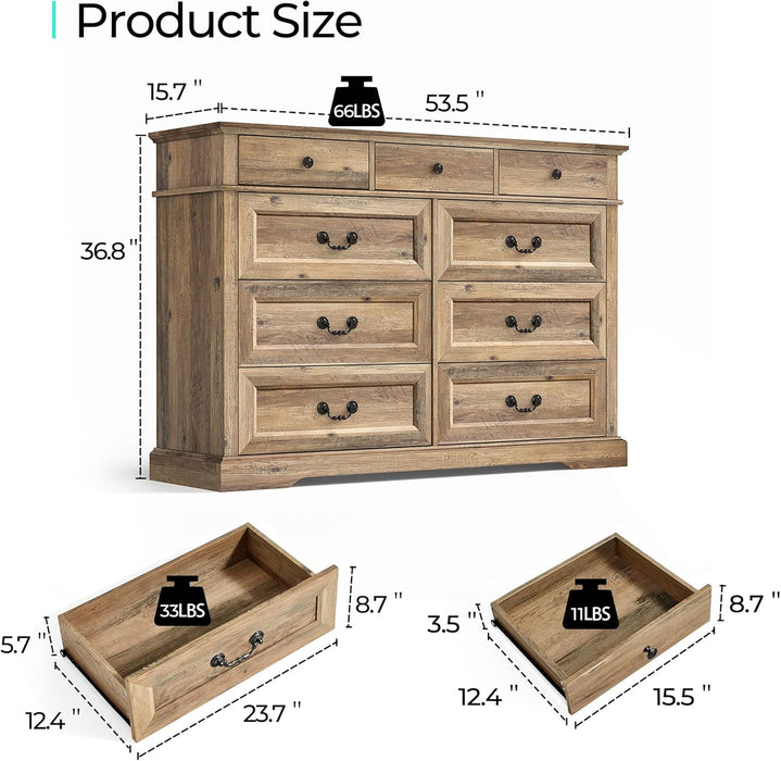 9 Drawers Dresser for Bedroom, Wide Wood Chest of Drawers with Metal Handle, Farmhouse Tall Drawer Organizer for Bedroom, Closet, Living Room, Hallway and Entryway, Rustic Oak