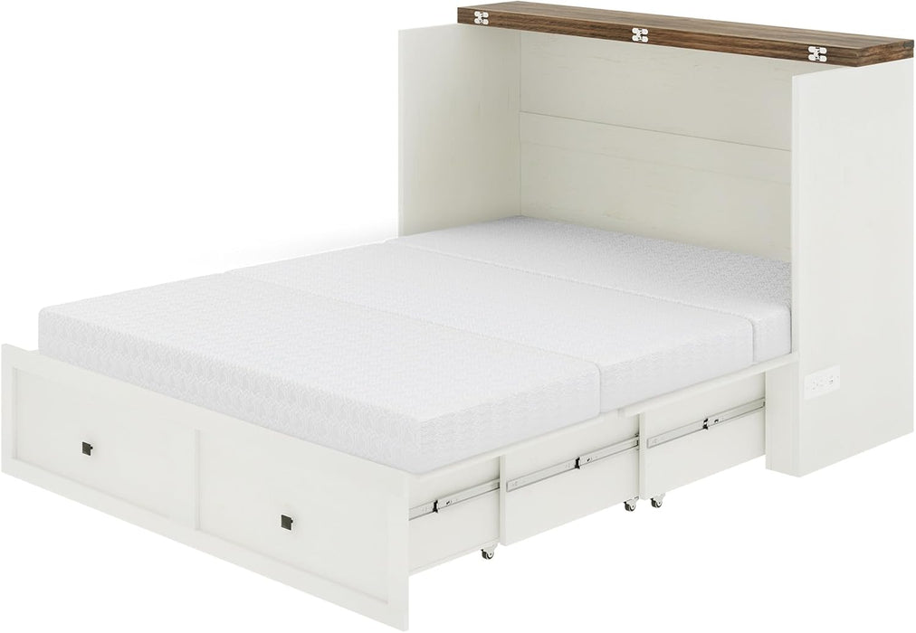 Queen Murphy Bed Cabinet with 6" Tri-Fold Memory Foam Mattress, Storage Drawer & Charging Station, Space-Saving Guest Bed for Home Office, Distressed White