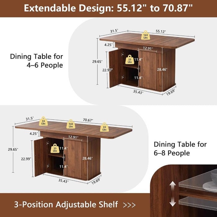 55"-71" Extendable Dining Table with Storage, Expandable Kitchen Table for 4-6, Space Saving Dining Room Table with Hidden Storage Cabinet, Adjustable Shelves & Fluted Base (Walnut)