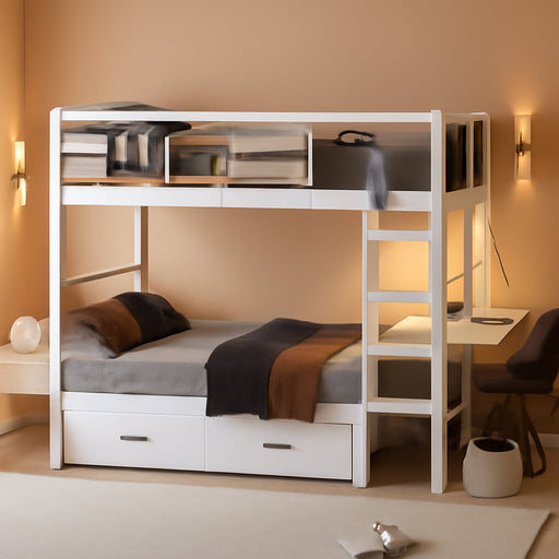 Wooden Twin over Twin Bunk Bed with Desk, Charging Station and LED Lights, Convertible Solid Wood Frame with Ladders and Drawers, Sturdy Wood Bunk Bed for Kids, Space-Saving (Twin over Twin)