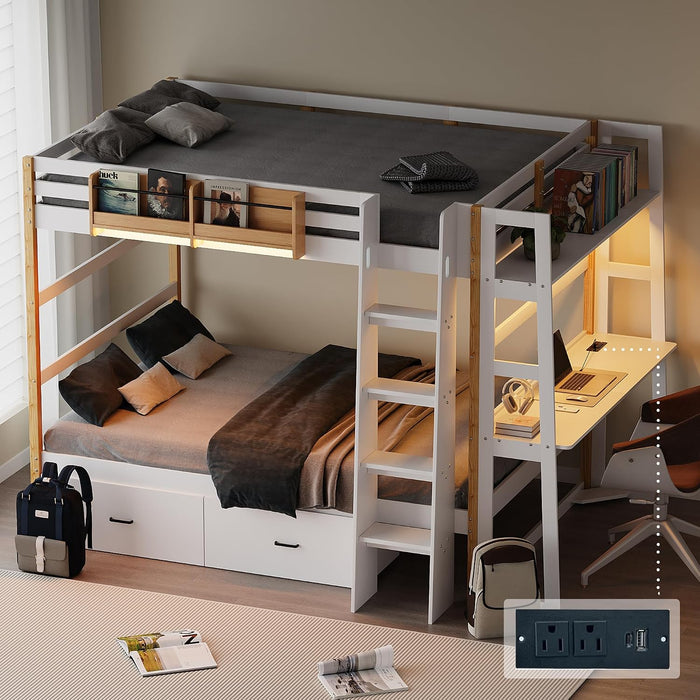 Wooden Twin over Twin Bunk Bed with Desk, Charging Station and LED Lights, Convertible Solid Wood Frame with Ladders and Drawers, Sturdy Wood Bunk Bed for Kids, Space-Saving (Twin over Twin)