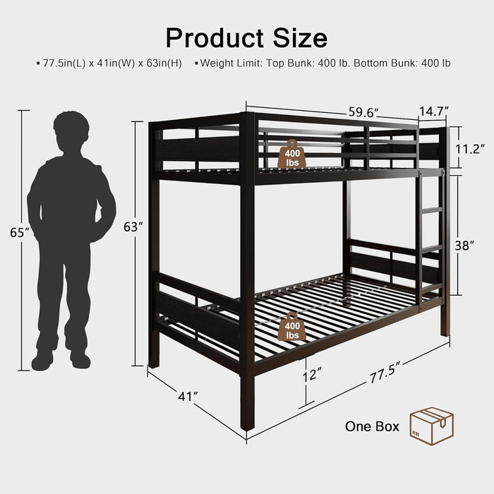 Bunk Bed Twin over Twin, Heavy Duty Metal Bed with Ladder and Full-Length Guardrail, Under-Bed Storage Space, No Box Spring Needed, Noise Free, Black