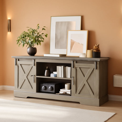 Farmhouse Tv Stand for 65 Inches Tvs, Entertainment Center with Storage and Sliding Barn Doors, Adjustable Shelf Modern Media TV Console TV Stand Table for Living Room, Bedroom, Grey