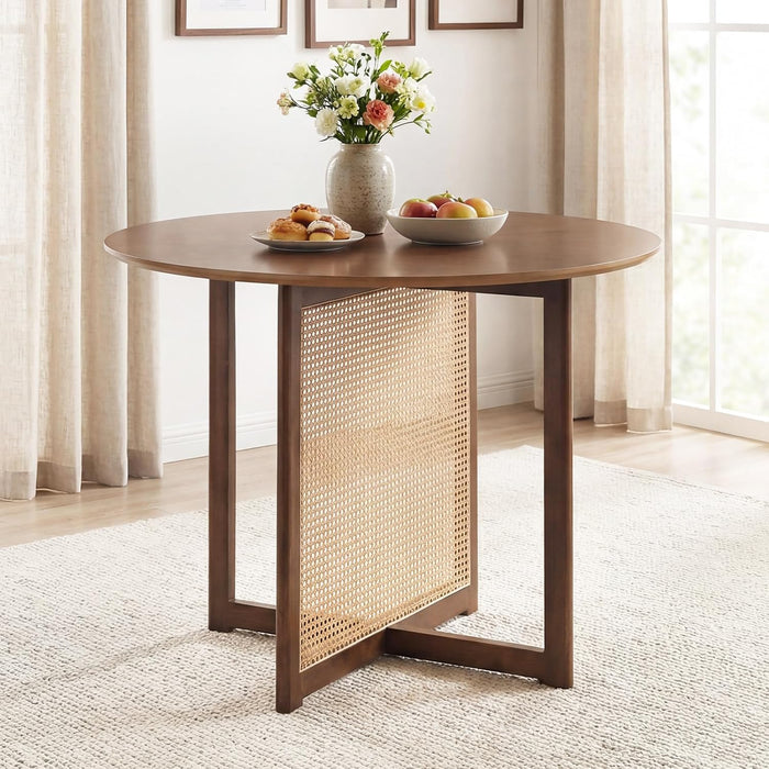 37.5" round Dining Table for 2-4, Farmhouse Kitchen Table with Solid Rubberwood Pedestal & Rattan Base, Modern Small Circle Dinner Table for Dinette Living Room