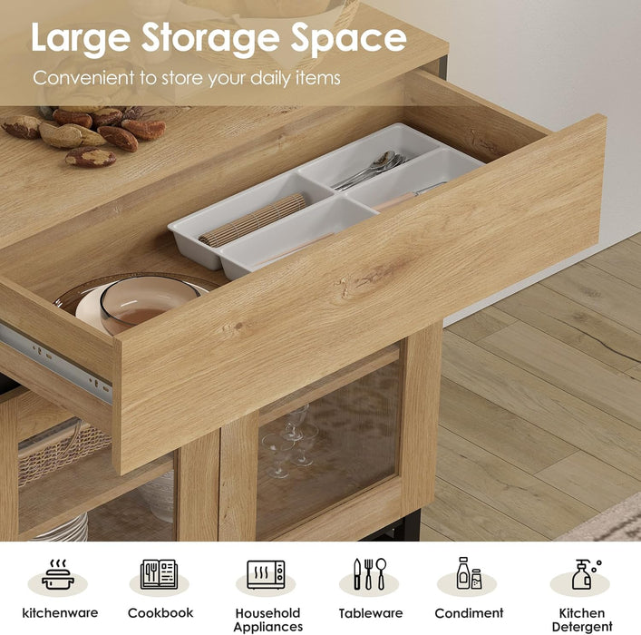 Modern TV Stand with Glass Doors for 120 Inch Tvs, 4 in 1 Entertainment Center Console with 4 Drawers and Metal Base for Living Room, Bedroom, Oak