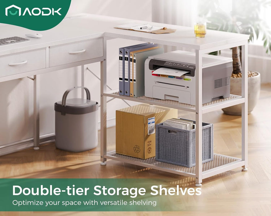 53 Inch L Shaped Computer Desk with Drawers, Corner Desk with Power Outlets & Reversible Storage Shelves, Movable CPU Stand for Home Office Gaming, White