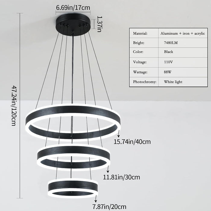 Modern LED Chandeliers Adjustable Hanging Black Pendant Light Fixture 3 Ring Flush Mount Chandeliers for Bedroom,Kitchen,Island Cafe
