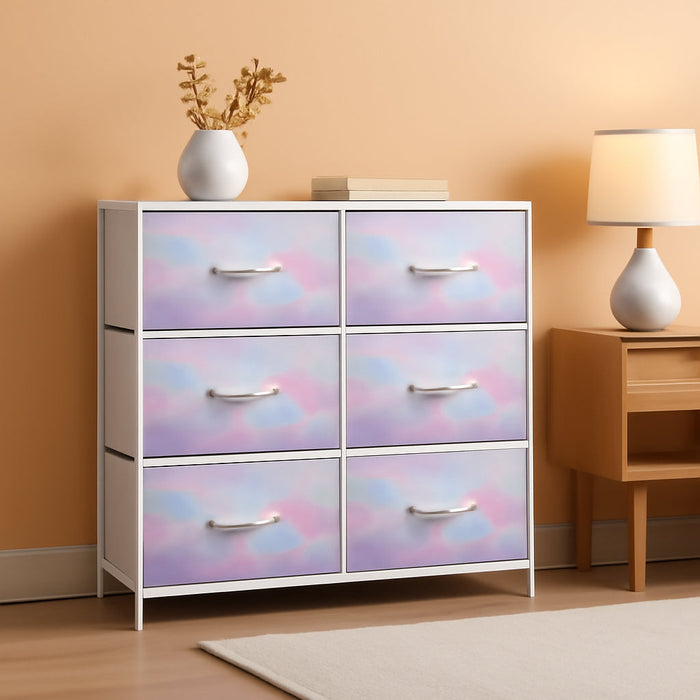 Kids Dresser with 6 Drawers - Storage Chest Organizer Nightstand - Steel Frame, Wood Top, Tie-Dye Fabric Bins for Clothes - Wide Furniture for Bedroom, Hallway, Nursery, Closet, & Apartment