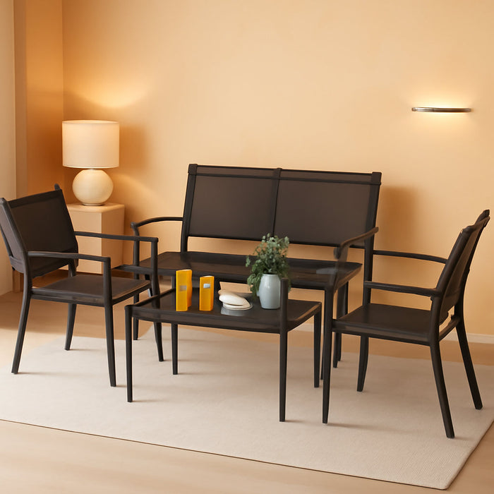 4 Pieces Patio Furniture Sets,Outdoor Patio Conversation Sets with Glass Coffee Table, Small Porch Balcony Furniture, Patio Table and Chairs Set for Garden, Backyard (Black)
