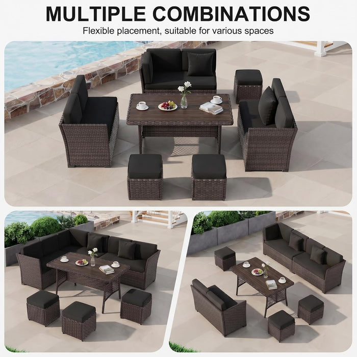 7 Pieces Patio Furniture Set, Patio Sectional with Dining Table & Ottoman