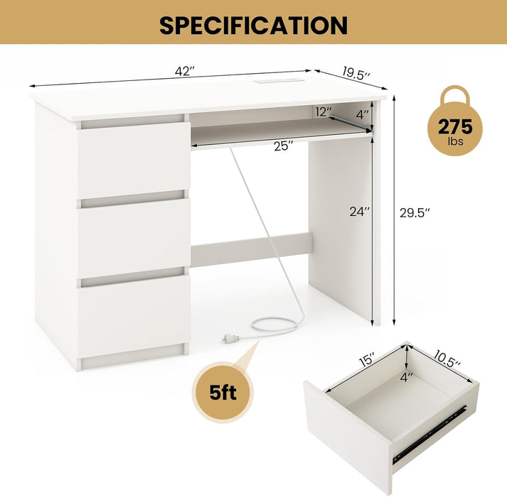White Desk with 3 Storage Drawers & Built-In Charging Station, Home Office Desk with Keyboard Tray, PC Desk Study Writing Table, Vanity Table for Bedroom, Computer Workstation (White)