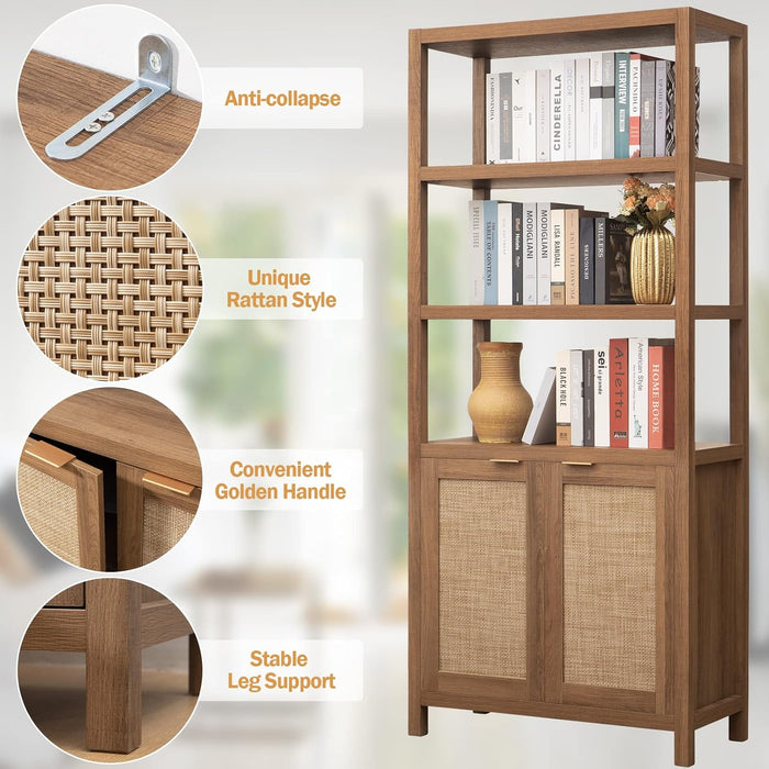 71" Tall Rattan Bookshelf with Doors for Living Room Library | 5 Tier Book Shelf Storage Shelves Large Boho Bookshelves Farmhouse Bookcase Book Case for Bedroom Home Office Kitchen