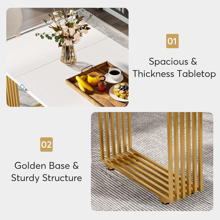 Modern Dining Table for 6-8 People, 70.8 Inches Long White Room Kitchen, Wood Kitchen with Gold Metal Legs, Rectangular Dinner Room, Family Gathering