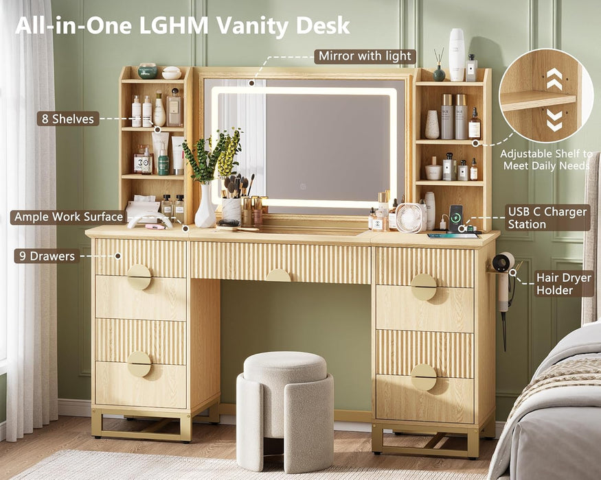 Fluted Vanity Desk, 60" Makeup Vanity with 32" Mirror and Lights, Modern Glass Top Vanity Table with 9 Drawers & 8 Open Shelves, Dressing Table Set W/Charging Station for Bedroom,Oak