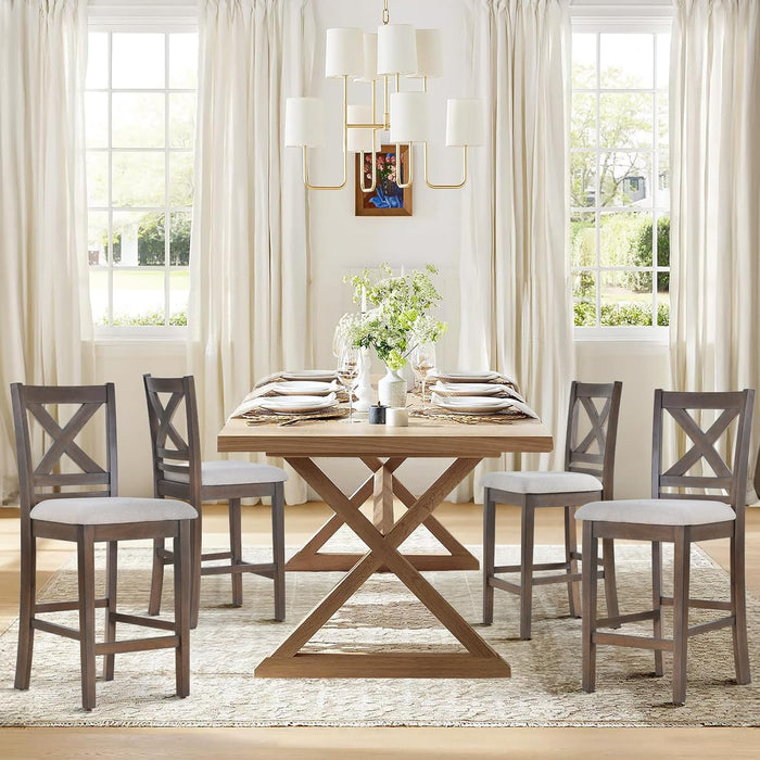 Upholstered Counter Height Bar Stools Set of 4, Modern Kitchen Island Barstools Chairs with Cross Back and Wood Legs for Dining Room Bar, Light Brown Wash